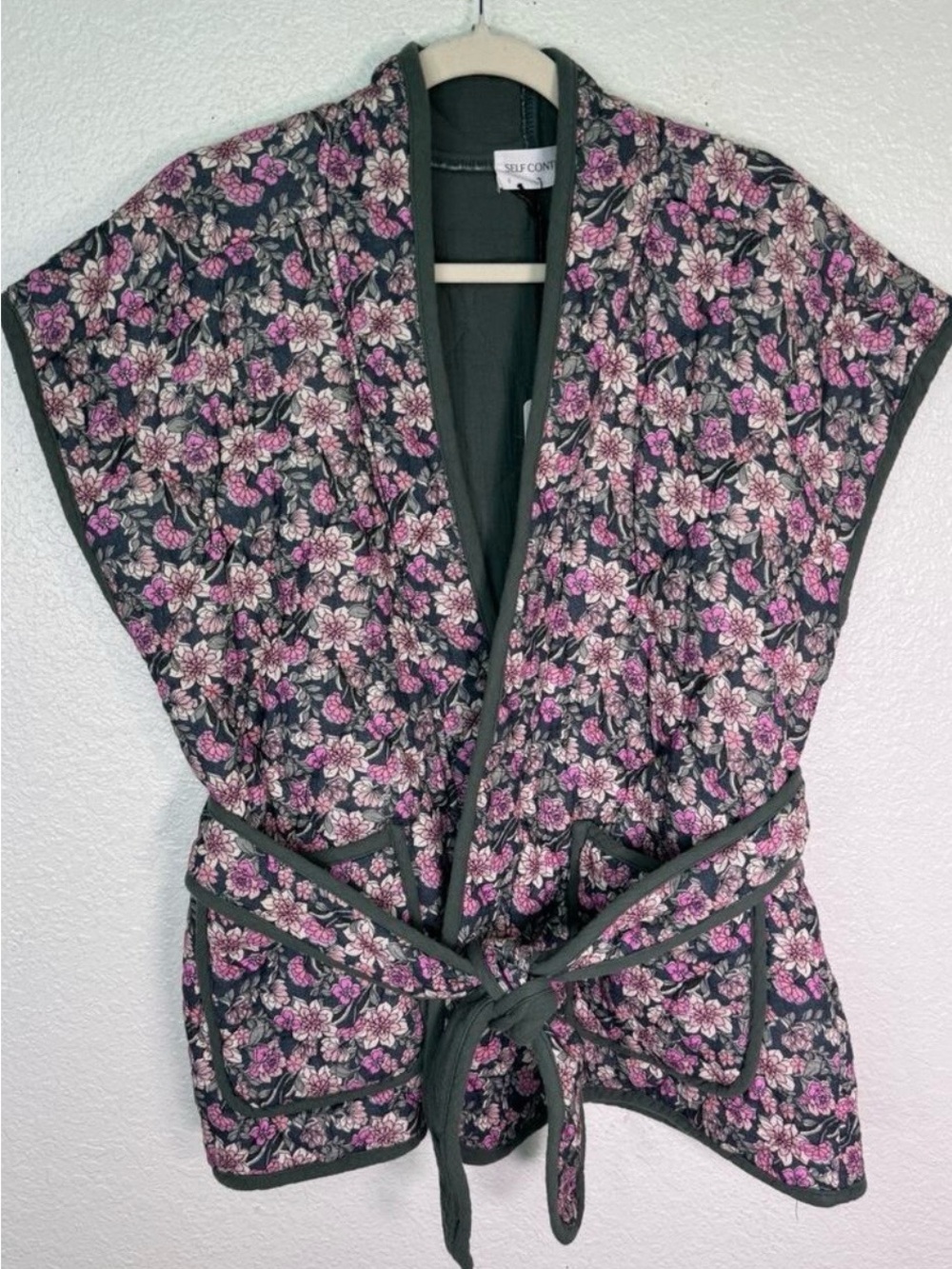 Self Contrast Floral Quilted Sleeveless Wrap Tie Belt XS Fall Winter Garden USA